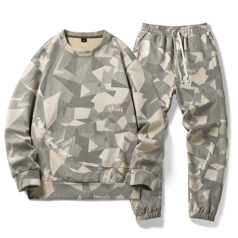 Eğlence Spor Takım Elbise Erkek İlkbahar ve Sonbahar Yuvarlak Boyun Kazak Gevşek İki Parçalı Set