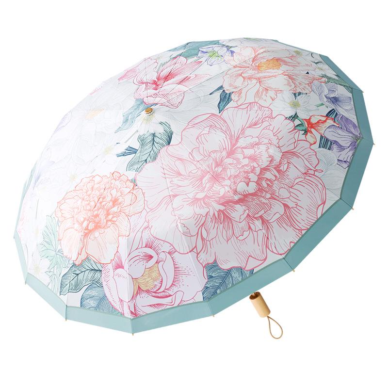 16-Bone three-fold hand-opened gold skeleton parasol, advanced sun umbrella, sun protection, sunny women's UV protection folding umbrella