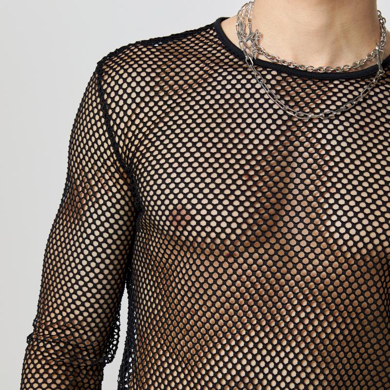 INCERUN Herren Langarm Mesh Skinny Tops Durchsichtige T-Shirts