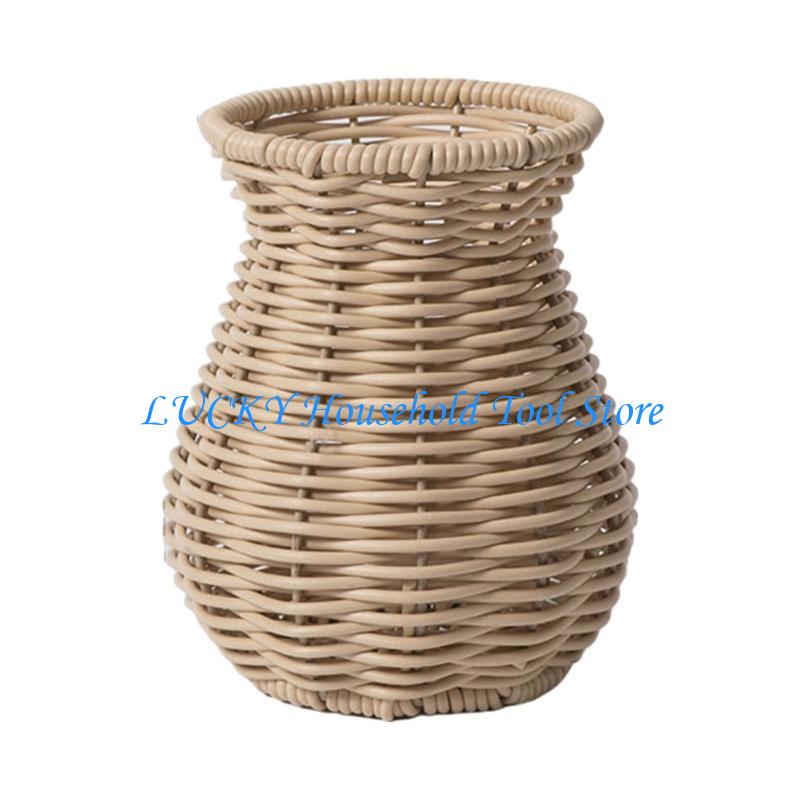 J0MC Table Vase Rattan Vase for Living Room, Faux Rattan Weave Pattern Flower Arrangement for Dry Florals Home Accent