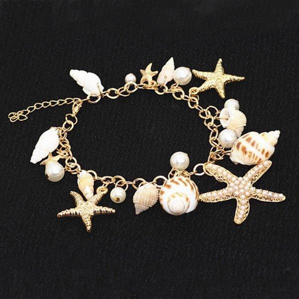 Ocean Style Gold Color Metal Starfish Conch Charm Bracelet For Women Boho Sea Star Imitation Pearl Bangle Summer Beach Jewelry