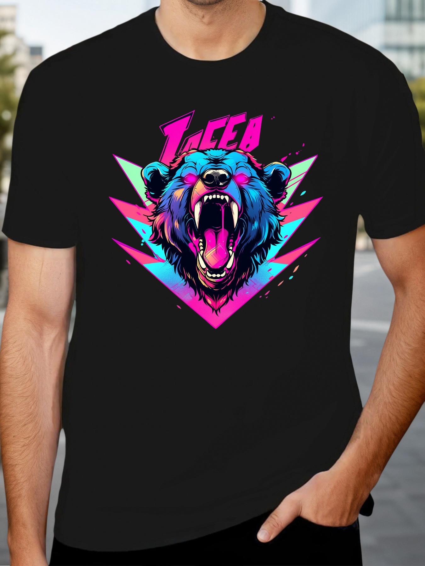 Casual Crew Neck T-shirt with Wild Bear Graphic - Short Sleeve XXL