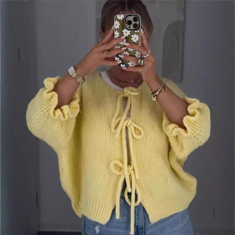 Casual Knit Cardigan Crew Neck 9 10 Sleeve Drawstring Tie