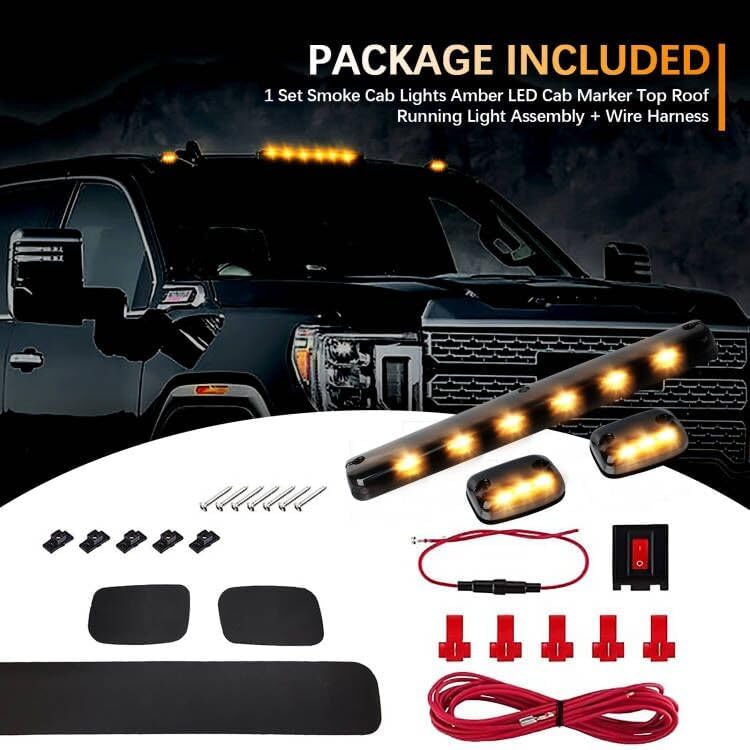 3X LED Cab Marker Lights Smoked Lens Amber Cab Top Roof Running Light Assembly Compatible with Silverado/Sierra 1500 2500 2500HD 3500 3500HD 2014