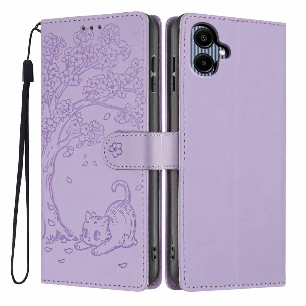 For Samsung Galaxy A06 4G Stand Case Tree-and-Cat Pattern PU Leather Wallet Protective Phone Cover with Wrist Strap