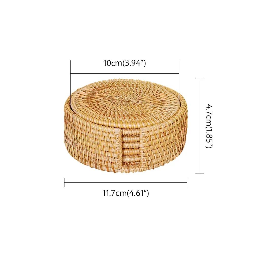 6 Stück Gewebte Rattan-Untersetzer-Set Mit Halter Tischmatte Platzdeckchen Kaffee Tee Tasse Untersetzer Topf Schüssel Matte Glasboden Küchenzubehör