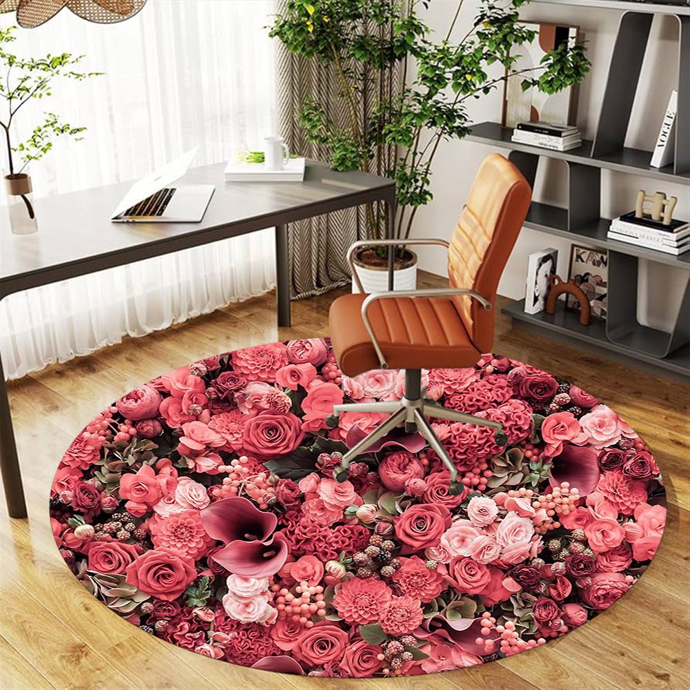 1pc Floral Pattern Round Chair Mat Area Rug - Non-Slip, Floor Mat for Office, Bedroom, and Indoor Decor C1125008