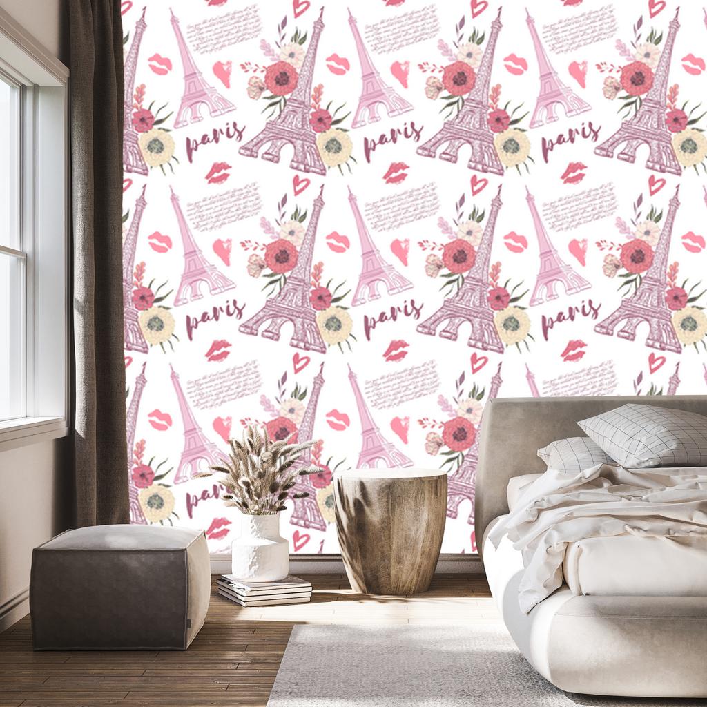 Eiffel Tower wallpaper with flowers and hearts for living room and bedroom 50x1000