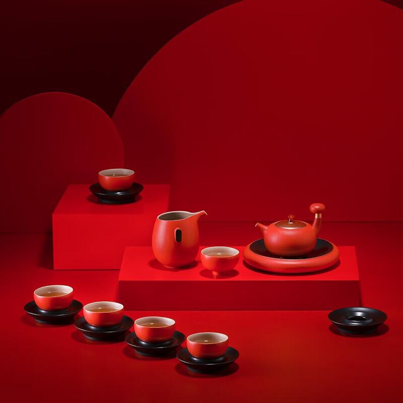 WanQianTang Good Fortune Chinese Red Ceramic Tea Set