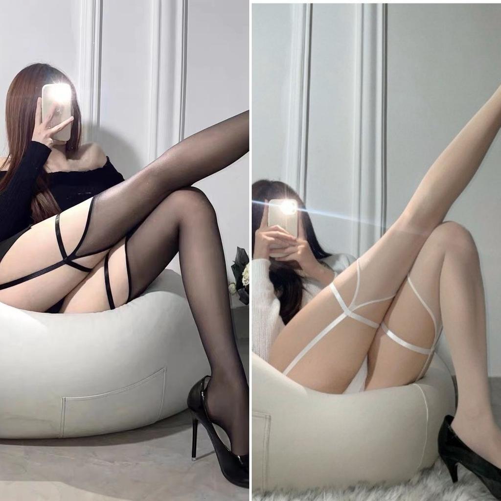 Wrap-Around Sexy Suspender Socks Integrated Women'S Black Silk Pure Desire Cross Leg Ring Stockings Red Edge Black Long Knee Socks