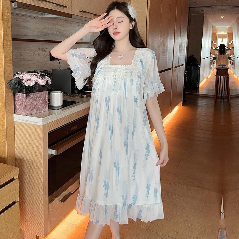 Linglei Summer Solid Color Lace Bow Mesh Court Princess Style Long Nightdress Pajamas Loungewear Women