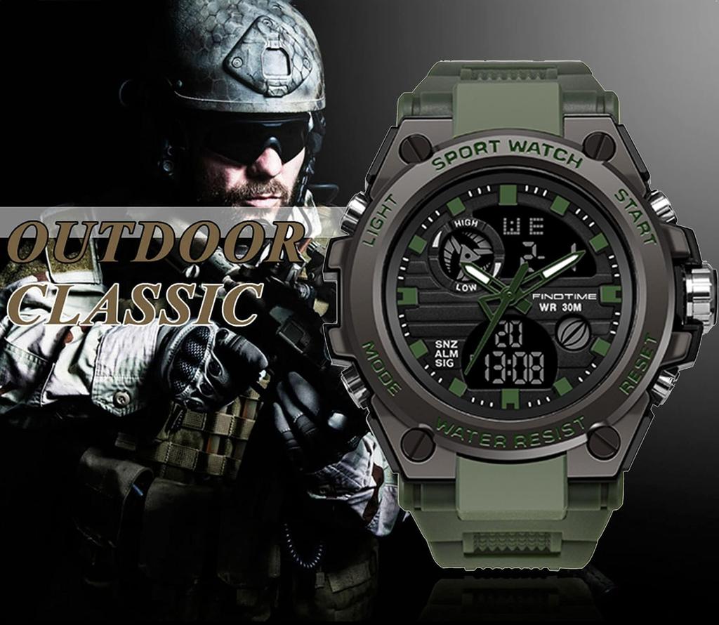 Findtime Digitale Militaire Dubbele Alarm Japanse Handleiding Groen I Herenhorloge, Analoog-Digitaal, Waterdicht, Horloge, Stopwatch, Sport, Tijd,