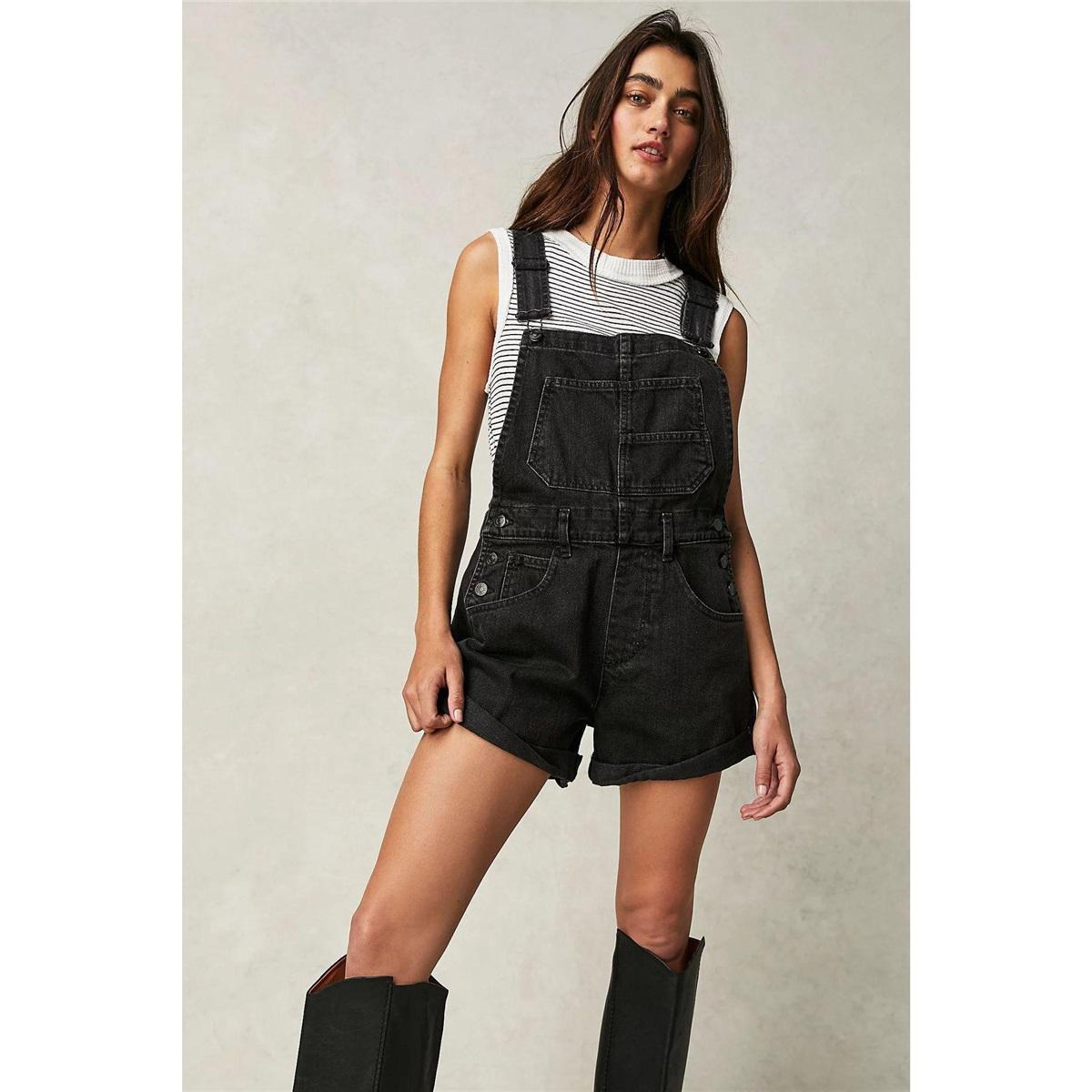 Women s Loose Multi-Pocket Overalls Jeans - European & American Style L чёрный