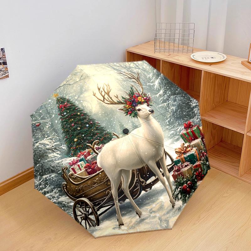 1 PC Automatic Folding Umbrella - Deer with Presents Pattern, Portable & Foldable Design with 8 Ribs, Christmas Birthday Gifts