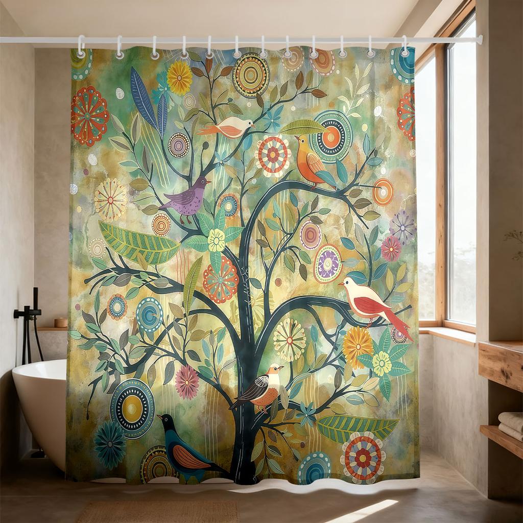 Cortina de Ducha Árbol de la Vida Estampado Floral de Pájaros Coloridos Tejido Impermeable Decoración de Baño Boho con Ganchos