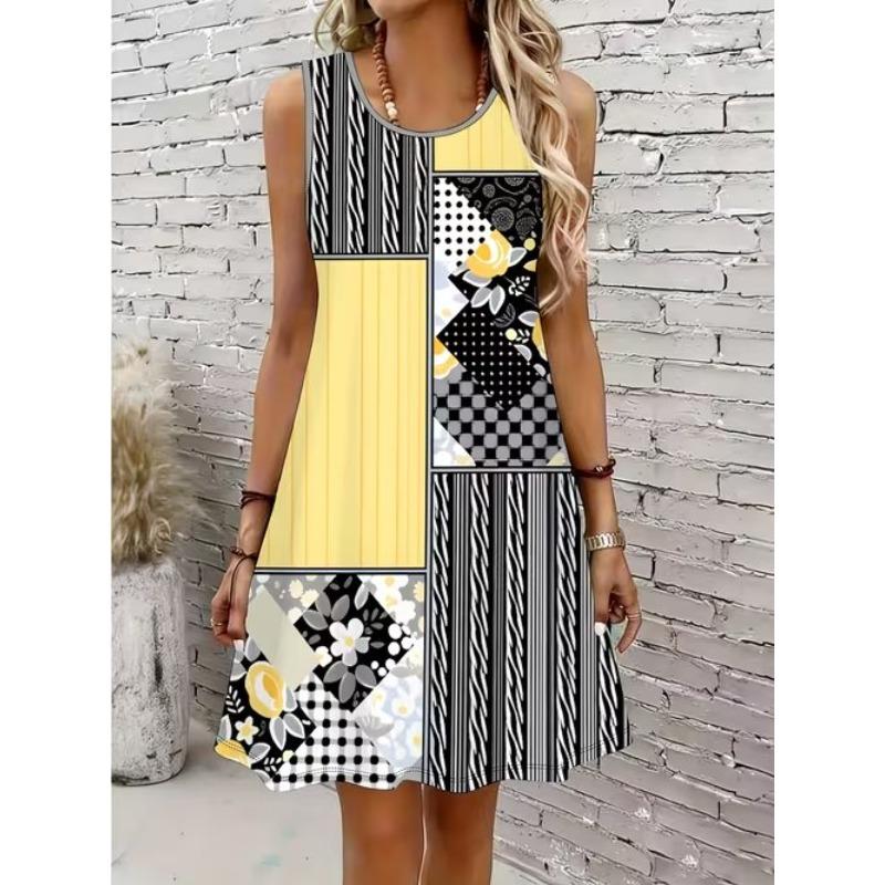 Women's Cartoon Girl Notes Printed Sleeveless Round Neck Dress Loose Soft and Comfortable Plus Size Dress