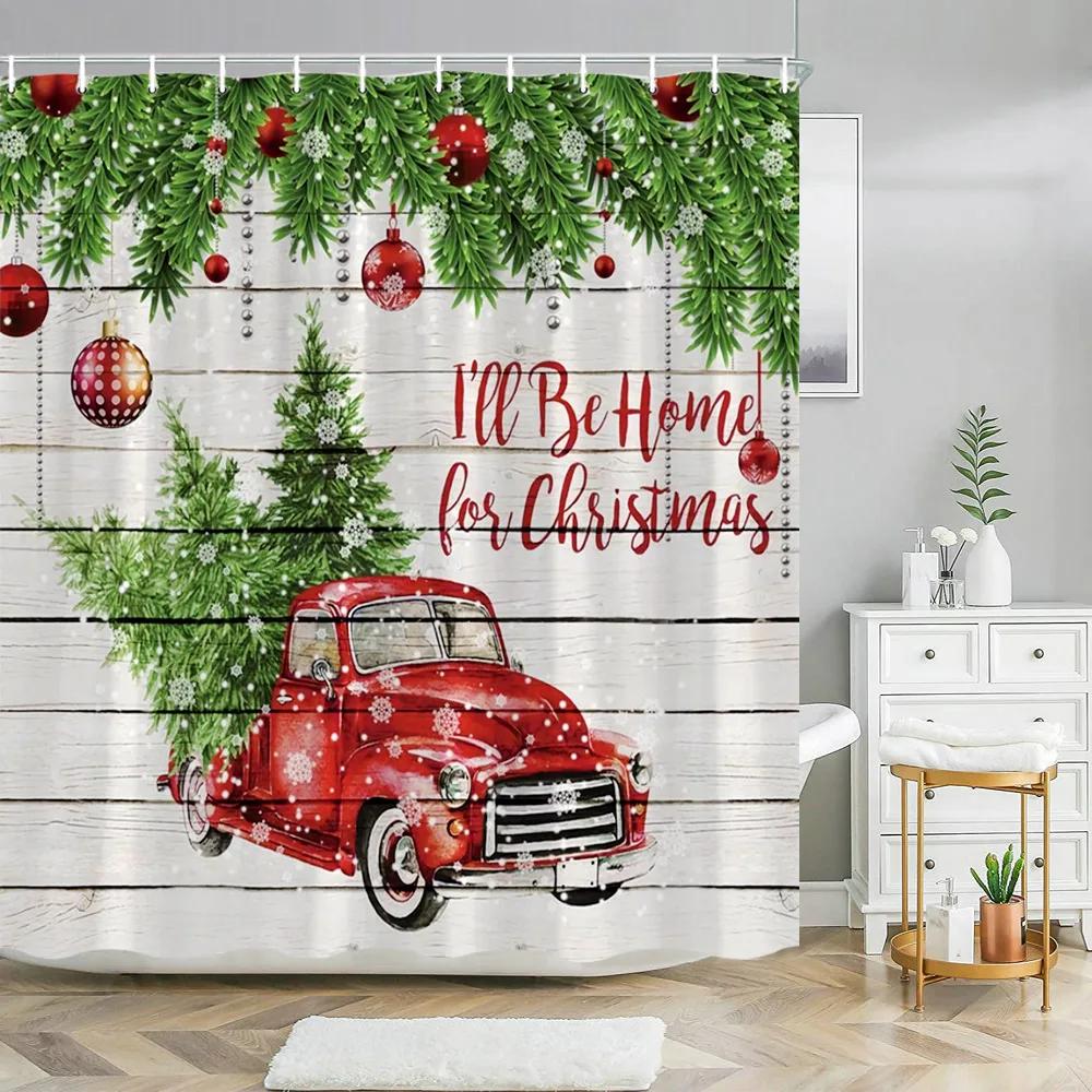 Red Christmas Shower Curtain Xmas Tree Print Bath Home Decor Winter Holiday New Year Bathroom Curtains Hooks Made Of Polyester Washable Washroom Ready