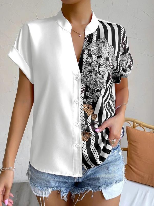 Women's Summer Double Patchwork Colour Clash Floral Button Cardigan Short Sleeve Shirt
