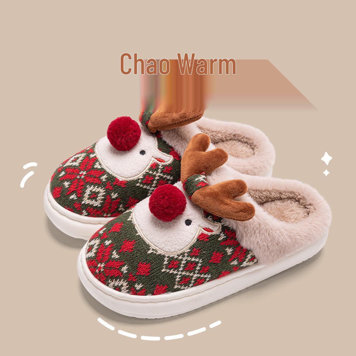 

Рождественские хлопковые тапочки: Милый дизайн с оленями для мужчин и женщин, Нескользящая зимняя домашняя обувь