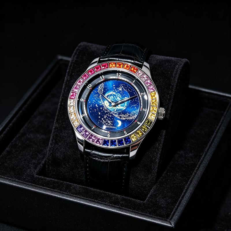 Rainbow Gemstone Bezel Automatic Mechanical Watch for Men Luxury Star Rotation Dial Watch Moon Men‘s Wristwatch