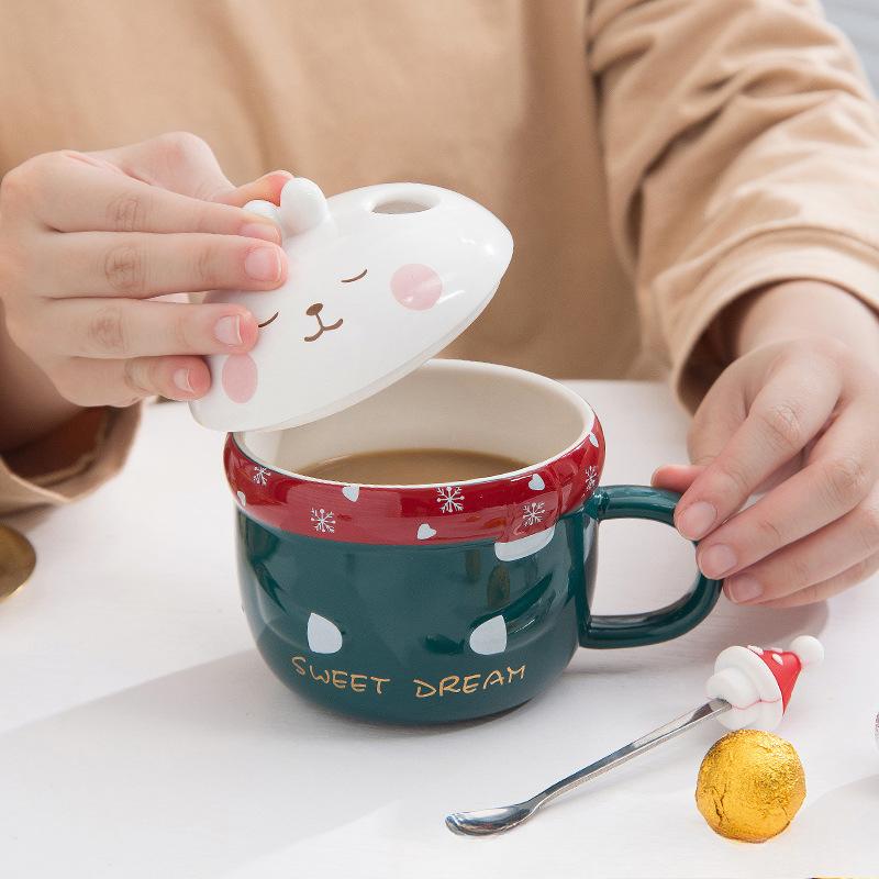 Christmas Cute Rabbit Cup Christmas Mug Ceramic Cup Christmas Gift Coffee Cup with Lid Spoon Large Capacity Water Cup