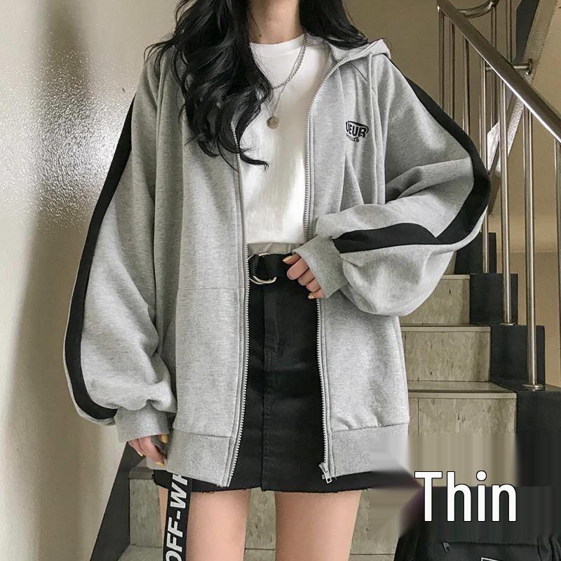 Sudadera con capucha fina y holgada para mujer - Forrada de felpa, manga larga, cárdigan con capucha para primavera y otoño.