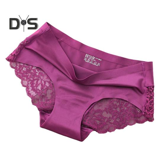 Bragas de tiro medio de Color sólido para mujer, ropa interior transparente con bordado de encaje y costura de seda helada, bragas sin costuras