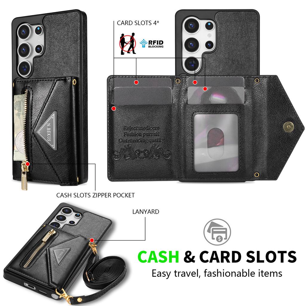 Samsung S24ultra S23 A53 Crossbody Card Holder Phone Case with Zipper Pocket and Lanyard
