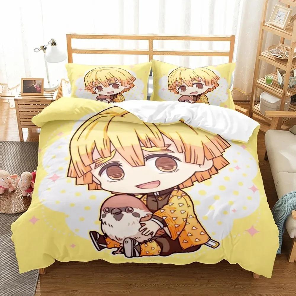 3D Anime Demon Slayer Duvet Cover Sets with Pillow Cover Polyester Teens Boys Bedding Set Full Queen King Size Cartoon Bed Linen