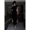 Black one-word shoulder slanted shoulder dress, female girls are particularly unique and beautiful, pinched waist skirt, small man, small mother, long