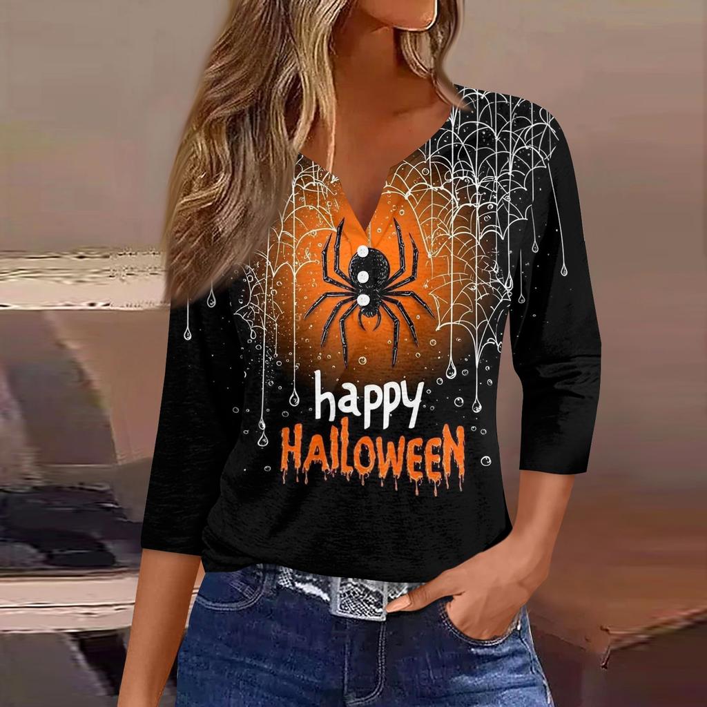 Women Casual Halloween Print V Neck Button Detail Three Quarter Sleeve T Shirt Top Suitable for Seasonal Wear and Everyday Use