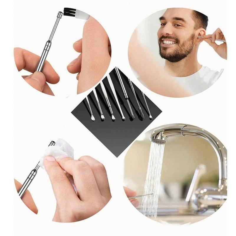6-Piece Portable Ear Cleaning Kit with Spiral Spring Ear Picks, Carbon Steel Earwax Remover Tool for Home Travel Hygiene Care