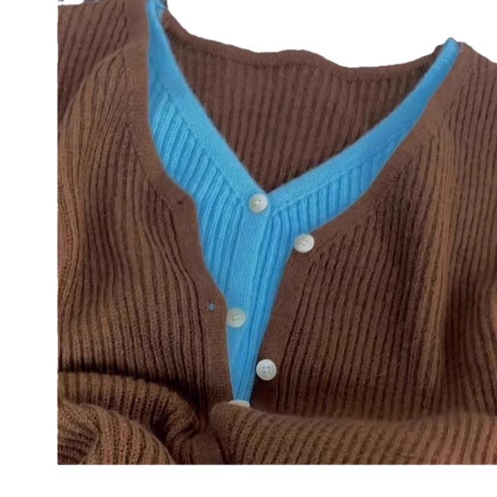 Korean Style Knit V-Neck Color Block Cardigan Sweater for Women - Autumn Wear