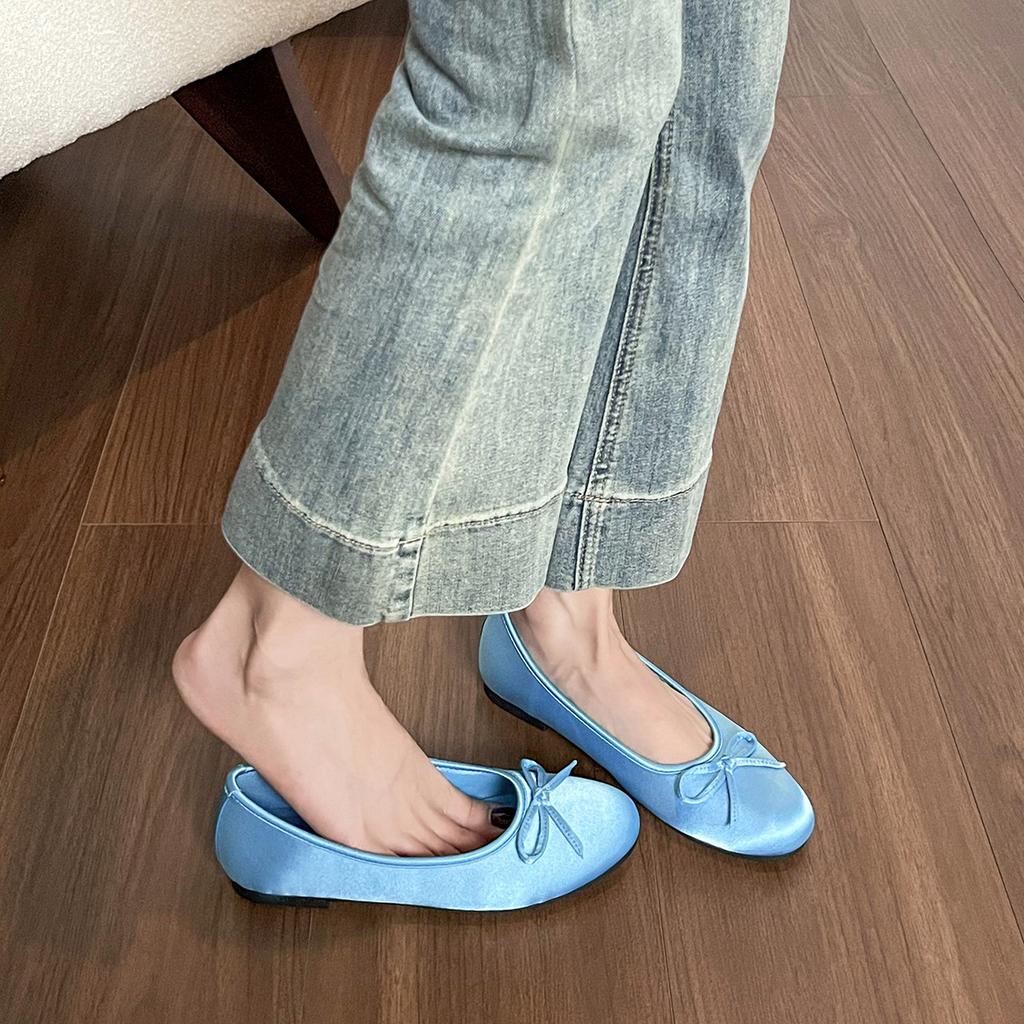 Round head satin single shoes women's flat bottom shallow mouth bow soft sole ballet shoes