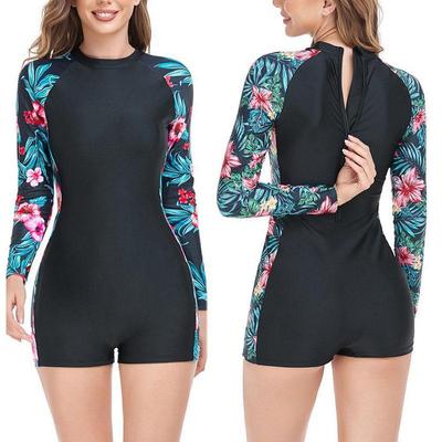 Women Floral Printed Swimsuit One-piece Long Sleeve Back Zipper Jumpsuit Surfing Bodysuit Beach Swimwear