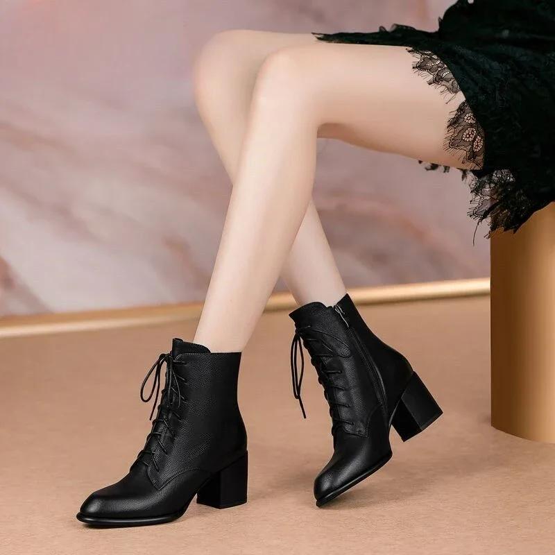 Fashion Leather Booties Brown Elegant With Medium Heels Female Short Shoes New Rock Spring 2025 Designer Luxury Sale Women's Ankle Boots