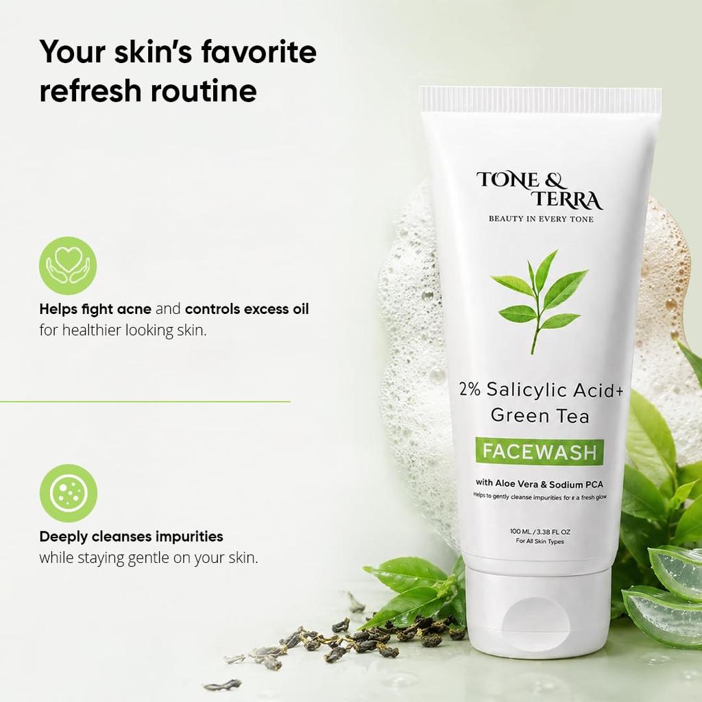 Tone & Terra 2% Salicylic Acid Green Tea Face Wash Acne Care, 100 ml