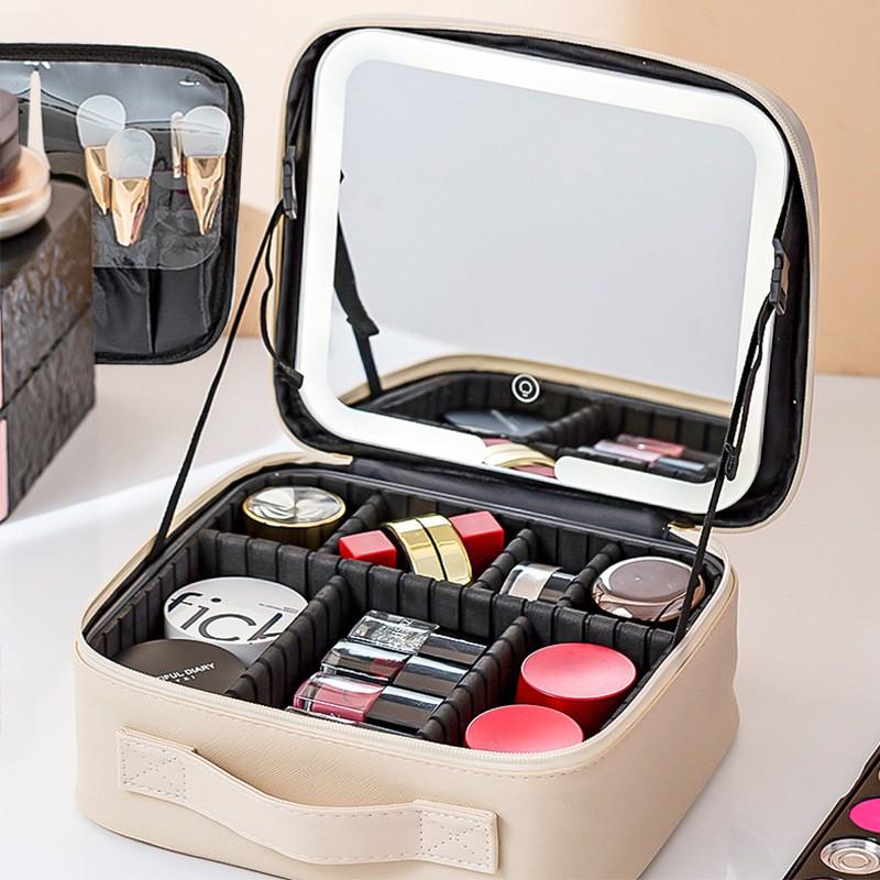 Large Capacity Travel Makeup Bag With LED Lighted Mirror Women PU Cosmetic Organizer Multi-Compartment Storage