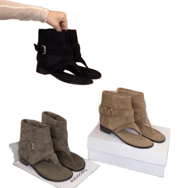 Women Peep Toe Boots Summer New Flip Flops Luxury Vintage Cool Boots Breathable Comfortable Fashion Square Button Sandals