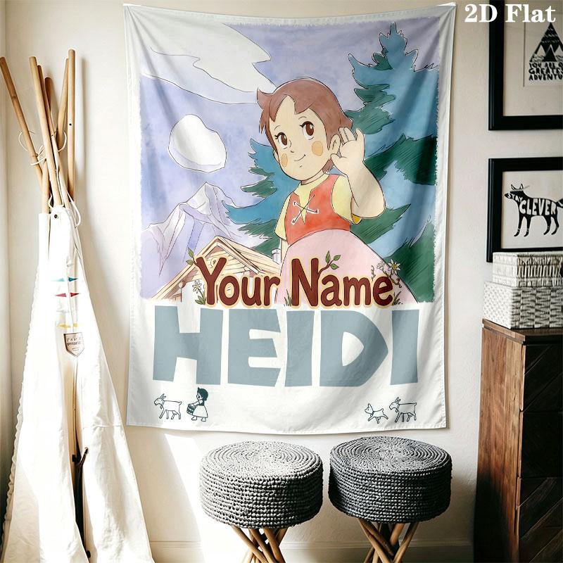 Heidi Alps Cartoon Custom Name Wall Tapestry Aesthetic Wall Hanging Printed Fabric Blanket Decorative Tapestries for Bedroom Living Room Home Decor
