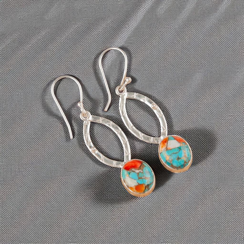 Rare Spiny Oyster Gemstone 925 Sterling Silver Jewelry Handcrafted Earrings 2" EE-87-40