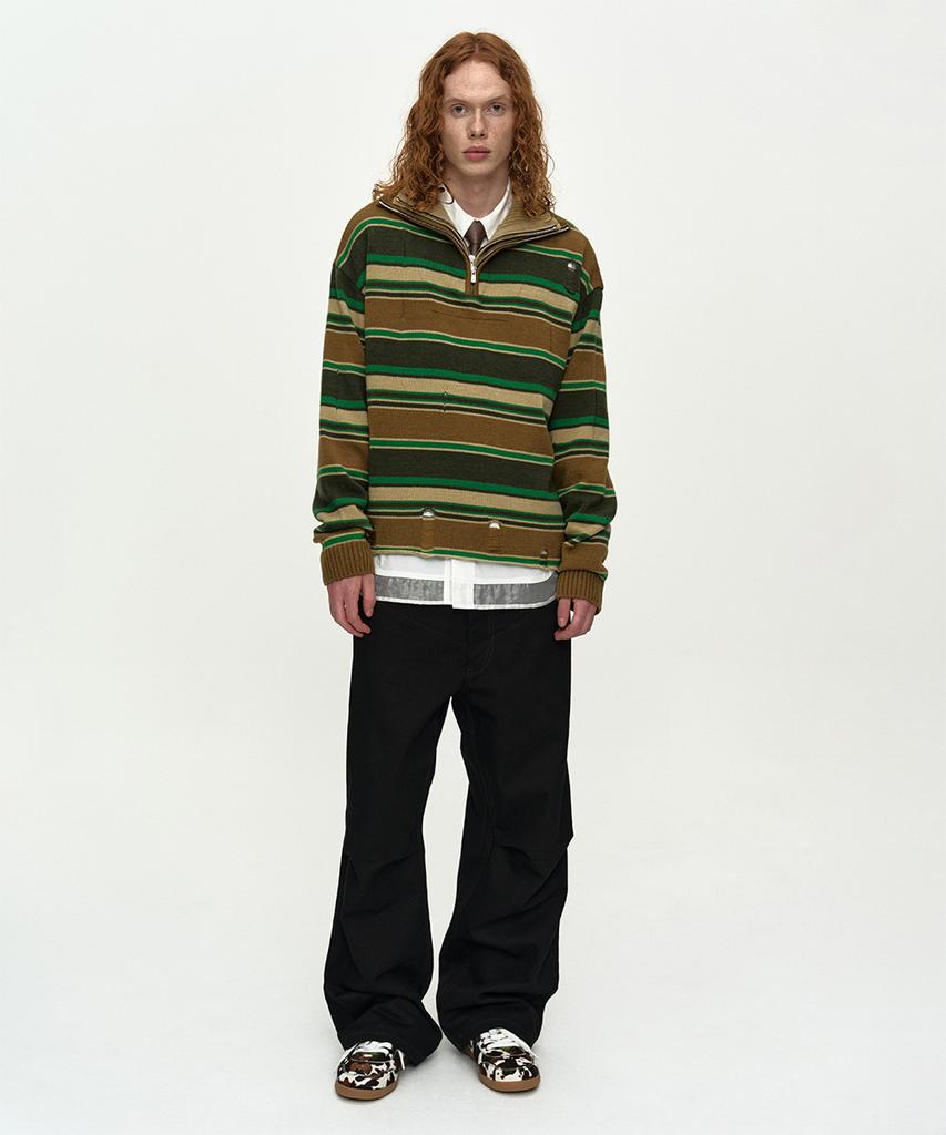 ADSB ANDERSSON BELL Double Layered Stripe Half Zip-Up Sweater Atb1451M(Beige/Brown)