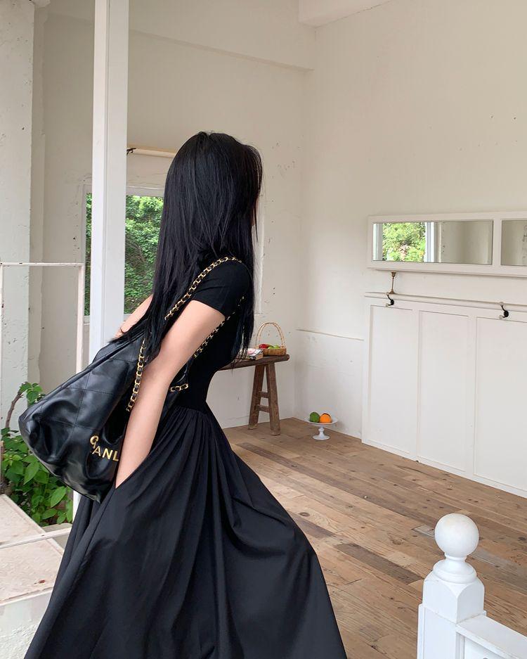 Hepburn Style Square Neck Black Slimming Spliced Dress