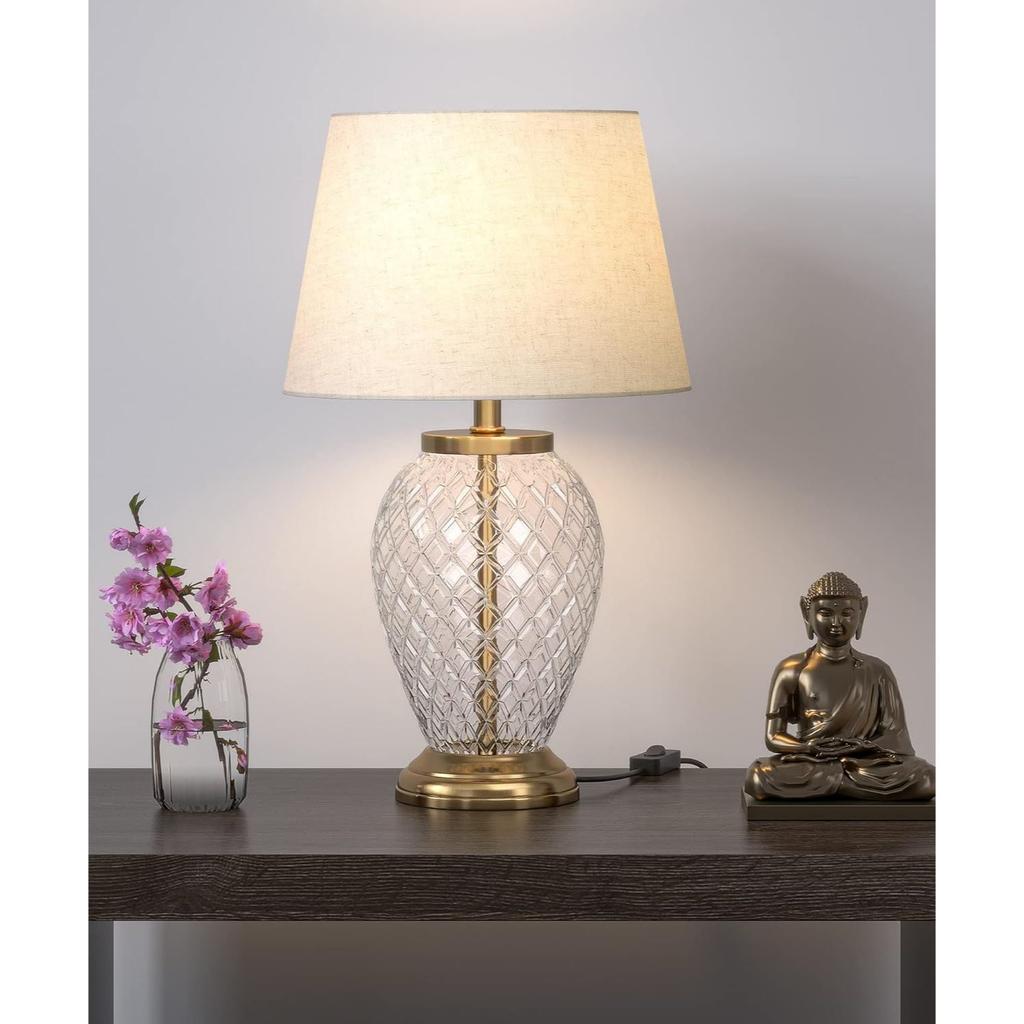 Diamond Cut Glass LED, Incandescant, CFL, Smart Bulbs Table Lamp Brass Antique Finish 19 Inches Height Off White 12 Inches Lamp Shade Pack Of 1