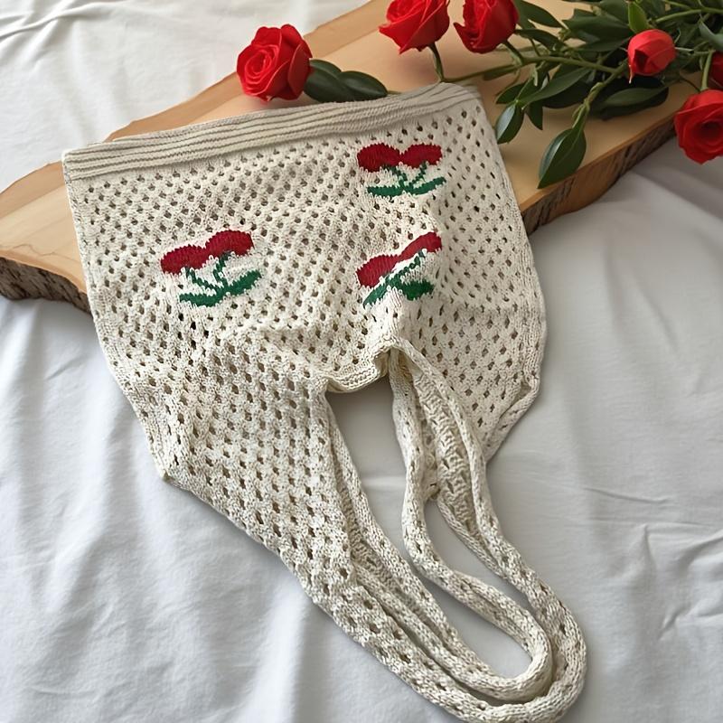 Borsa a Spalla Svuotata Lavorata a Maglia Ciliegia, Borsa a Mano con Ricamo, Borsa Tote Estiva Monocolore da Donna