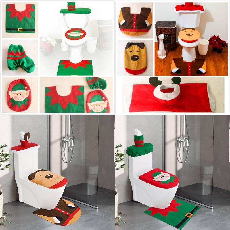 Christmas Elf Toilet Cover Set With Reindeer Santa Fabric For Holiday Decor