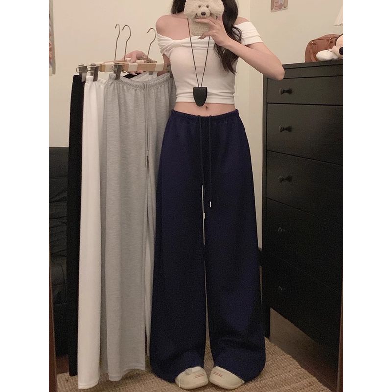 Kumikumi Idle Style Drawstring Casual Pants Straight-Leg Pants Women's Autumn Simplicity Loose White Wide Leg Pants Mop Pants