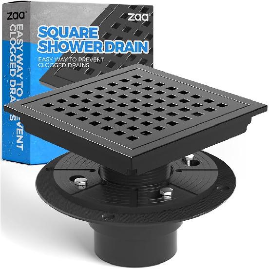 zaa 6 Inch Square Shower Drain, Bathroom Floor Drain, 304 Stainless Steel Shower Floor Drain Kit with Flange, Removable Shower Drain Grate with Hair