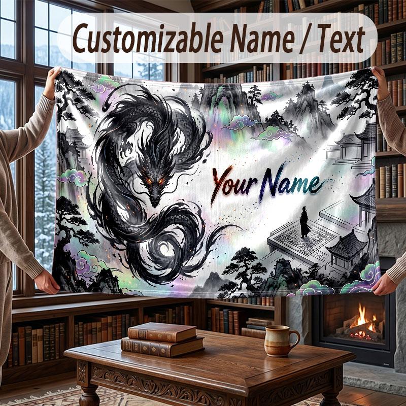 Dragon Theme Throw Blanket Custom Name Text Personalized Blanket Soft Cozy Blanket for Home Sofa Bed