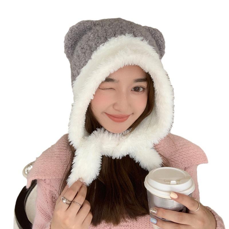 Hat Female Winter Sweet Cute Bear Lace-up To Keep Warm Thickened Bag Head Wool Hat Shows Small Face Big Head Circumference Knitting